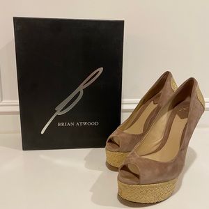 brian atwood suede and gold tan heels
